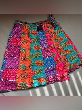 Patchwork Cotton Wrap Mini Skirt Boho Multicolor  S/M